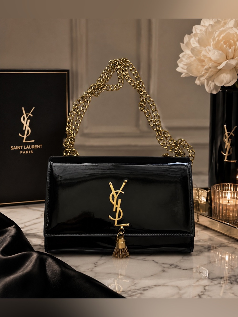Elegant Black Patent Leather Monogram Chain Shoulder Bag